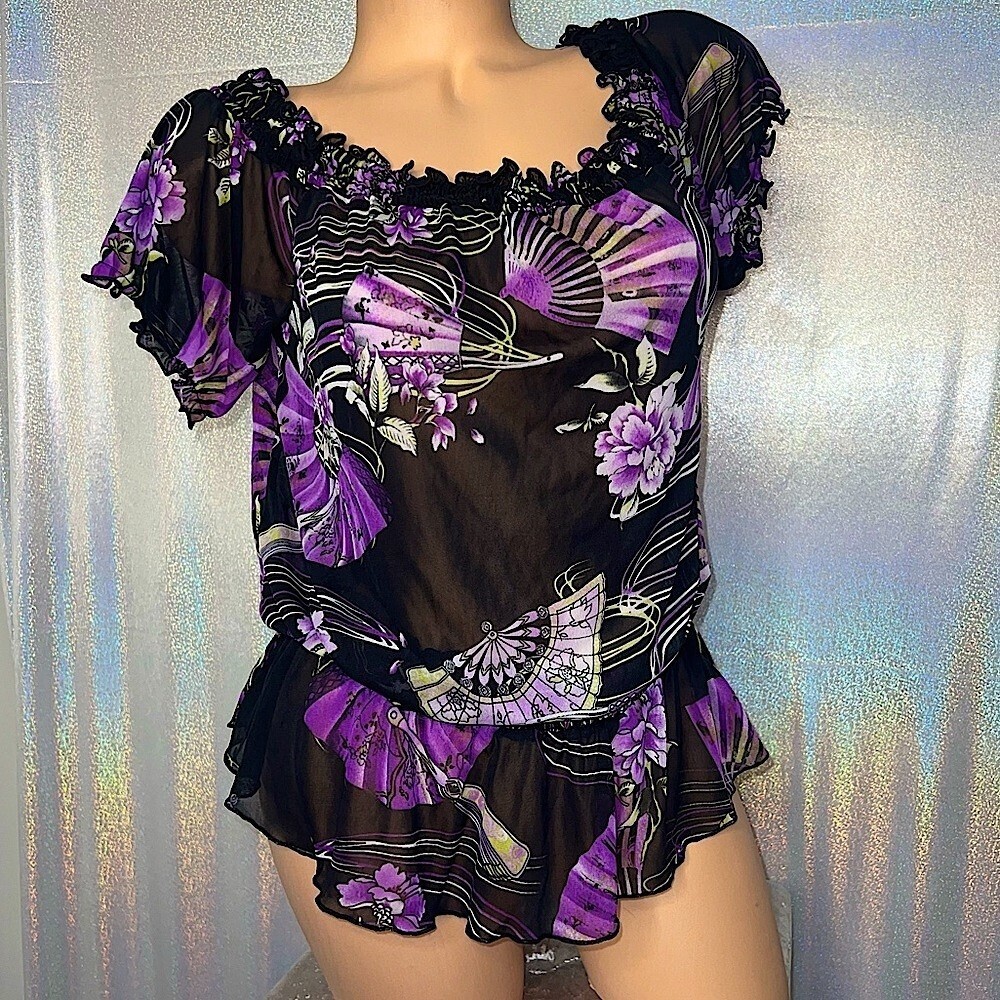 Suzy sheer blouse mesh fans Asia purple lime green white black cute y2k top